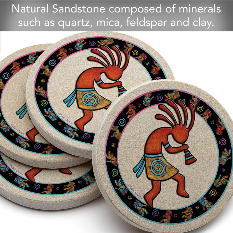 Kokopelli Toss Round Natural Sandstone Coaster Set