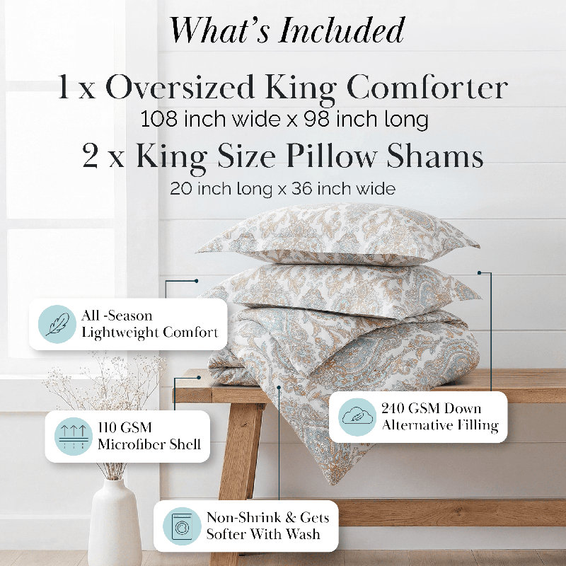 Boho Paisley Oversized Down Alternate Comforter Set by Southshore Fine Linens, Aqua, King/Cal. King Comforter + 2 Shams