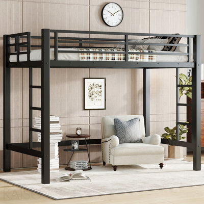 Twin Bed, Metal Loft , Loft With Easy Climbing Ladder And Guardrails , Black
