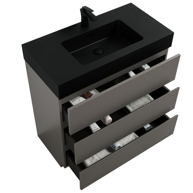 Meuble-lavabo gris de 91 cm (36 po) - Style élégant, grande capacité de rangement, fonctionnement silencieux avec lavabo, apparence épurée, utilisation autonome suffisante
