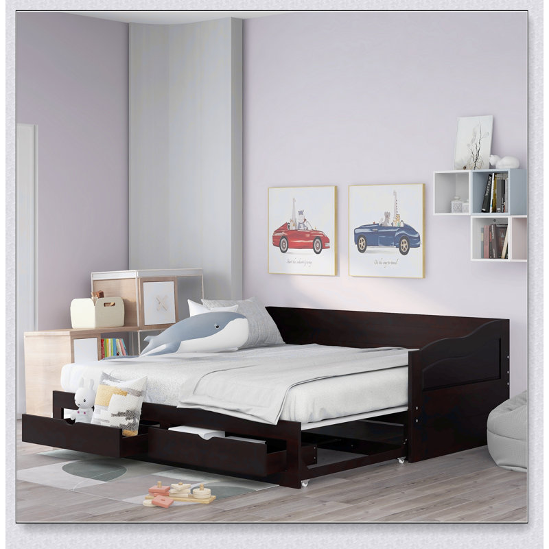 Wooden Daybed With Trundle Bed And Two Storage Drawers , Extendable Bed Daybed,Sofa Bed With Two Drawers, Espresso