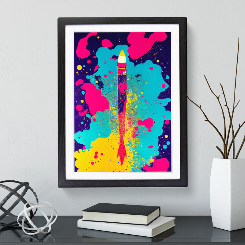 Paint Splashed Spaceship Rocket No.4 Abstract - Single Picture Frame Painting, Black, 64cm H x 46cm W x 2cm D