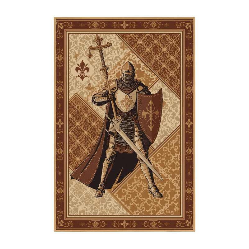 Tapis oriental traditionnel croisé et lavable à la machine Fillmore Crusader Knight - reliure brun clair, 5 x 8