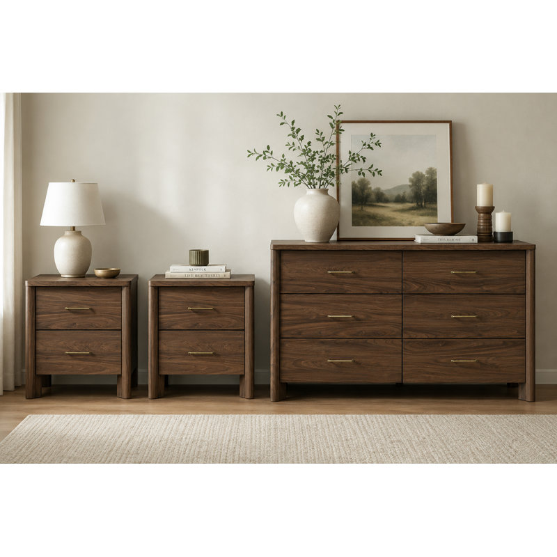 Ensemble de chambre à coucher moderne en noyer 3 pièces avec 2 tables de chevet (ports USB) et commode, fabrication en bois massif, quincaillerie dorée