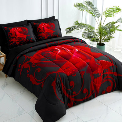 Reversible Rose 7 Pieces Bed in a Bag, Lightweight Soft Microfiber Bedding Set with Flat Sheet, Fitted Sheet, Pillowcases & Shams