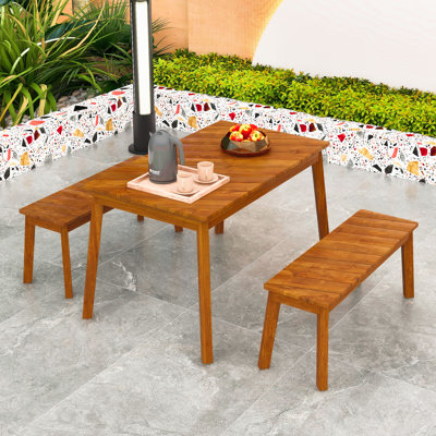 3-Piece Acacia Wood Dining Set with Table and 2 Benches for Indoor/ Outdoor Use