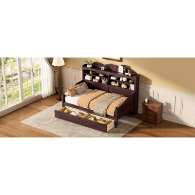 Daybed With Storage Drawers, Twin Size, Retro , Open Shelves For Display