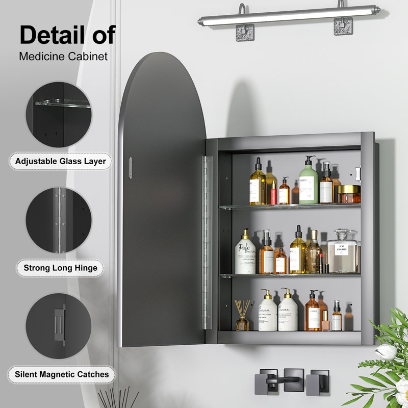 Poulton W H Frameless Medicine Cabinet Mirror 4 Adjustable, Matte Black, 30" H x 20" W x 4.5" D
