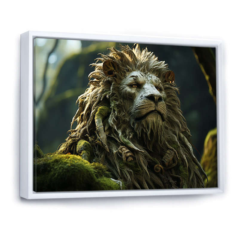 «Enchanted Lion Wilderness Fantasy» sur toile, Cadre flottant blanc, H 16 po x l 32 po x P 1 po