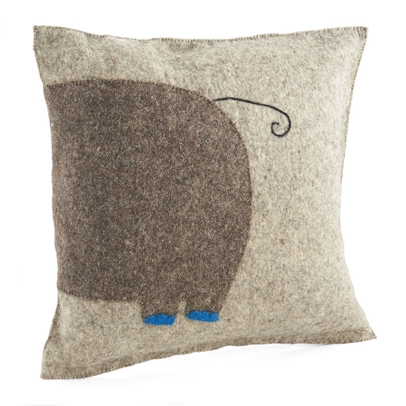 Handmade Gray and Blue Elephant Wool Pillow, 18"