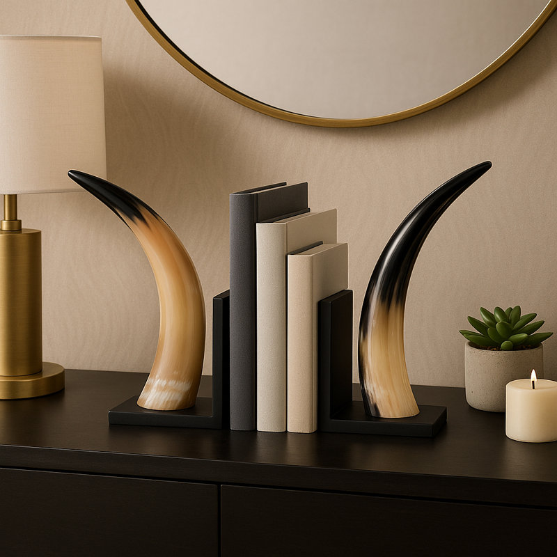 Decorative Resin Horn Bookends for Home Decor Decorative Book Ends Suitable for Bookshelf or Desk Decor Set of 2, 14", Brown & Black