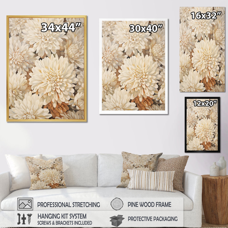 «Pure White Chrysanthemums», impression sur toile mosaïque, Cadre simple blanc, H 40 po x l 30 po x P 1,5 po