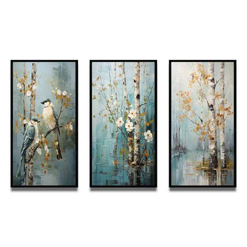 " Birch Woods Silent Woods " 3 - Pieces, Black Framed, 20" H x 36" W