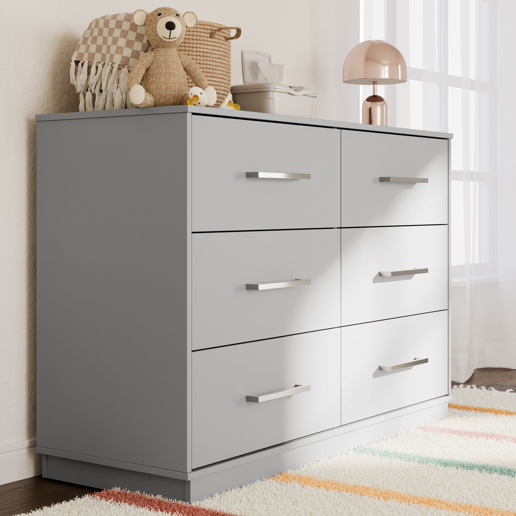 Essentials 6 Drawer Double Dresser, Pebble Gray