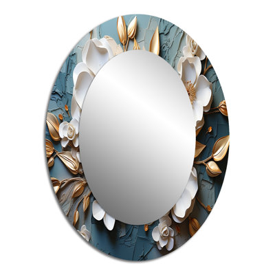 White And Gold Charming Spring Flower Elegance V - Floral Oval Decorative Mirror On Metal