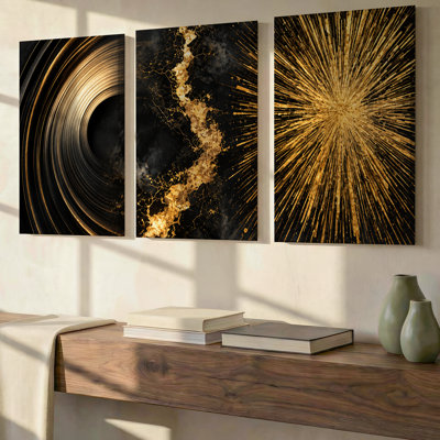 3 Pieces Exculisive Black and Gold Radiant Mineral Abstract Wall Art Panorama, Modern Canvas Decor for Living Room, Bedroom, Office and Home
