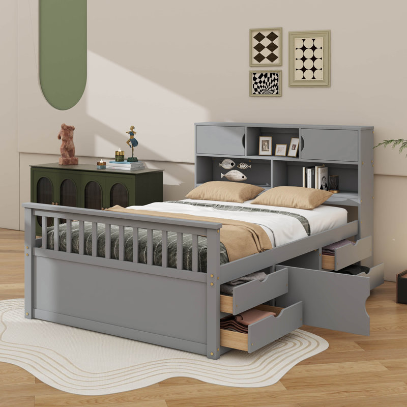 Base de lit plateforme double pleine grandeur avec rangement pour bibliothèque et quatre tiroirs intégrés, Gris