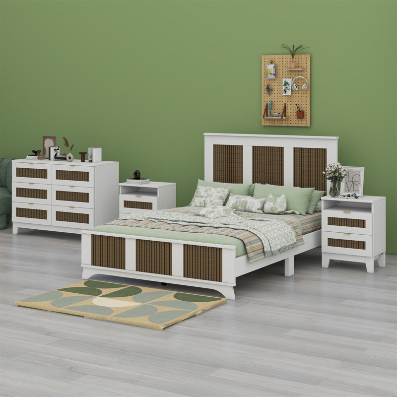 Ensemble de chambre à coucher 4 pièces, lit plateforme de ferme avec décoration en bois, table de chevet et commode avec poignée en métal