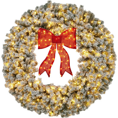 Pre-Lit Christmas Wreath with Bow, Lighted Artificial Holiday Wreath for Indoor Outdoor Xmas Decoration