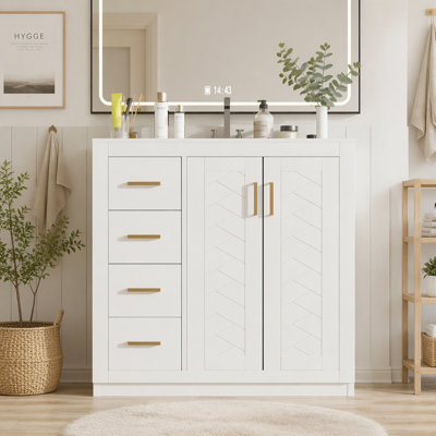 Meuble-lavabo de 91 cm (36 po) avec lavabo en céramique, meuble autoportant à 1 porte et 3 tiroirs, structure en bois massif et MDF, style moderne, gris