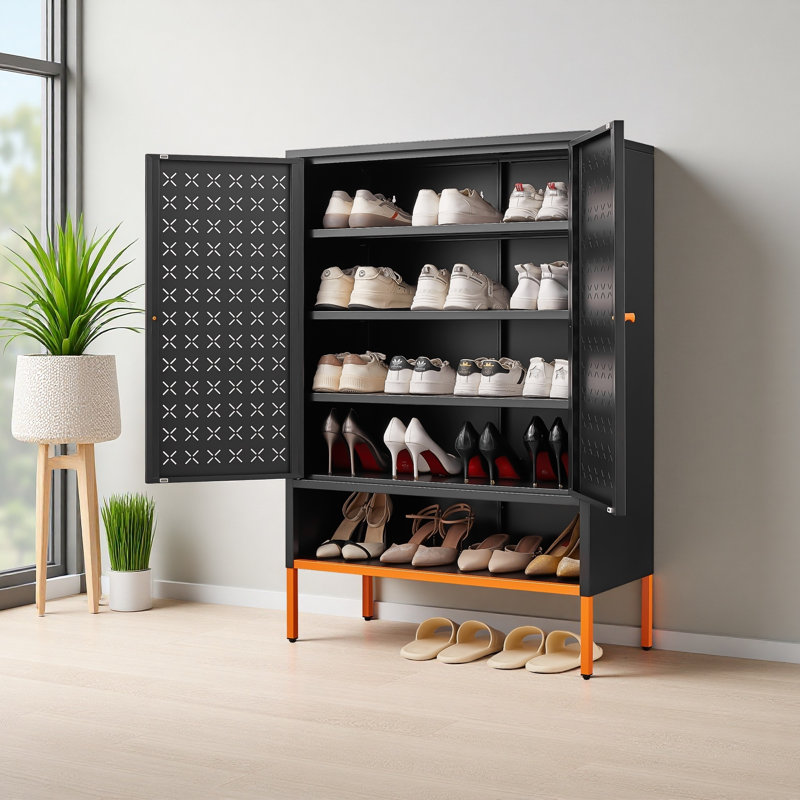 Grid Double Door Shoe Cabinet, Three Adjustable Compartments For Flexible Storage, Suspended Hollow Shoe Changing Compartment, Bottom 15Cm Moisture-Proof High Foot Design