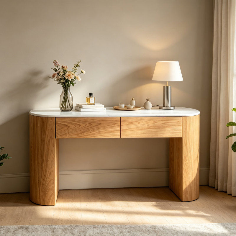 Console Modern Minimalist, H 33,5 po x l 47,2 po x P 13,8 po, Blanc / couleur bois naturel, Couleur bois naturel