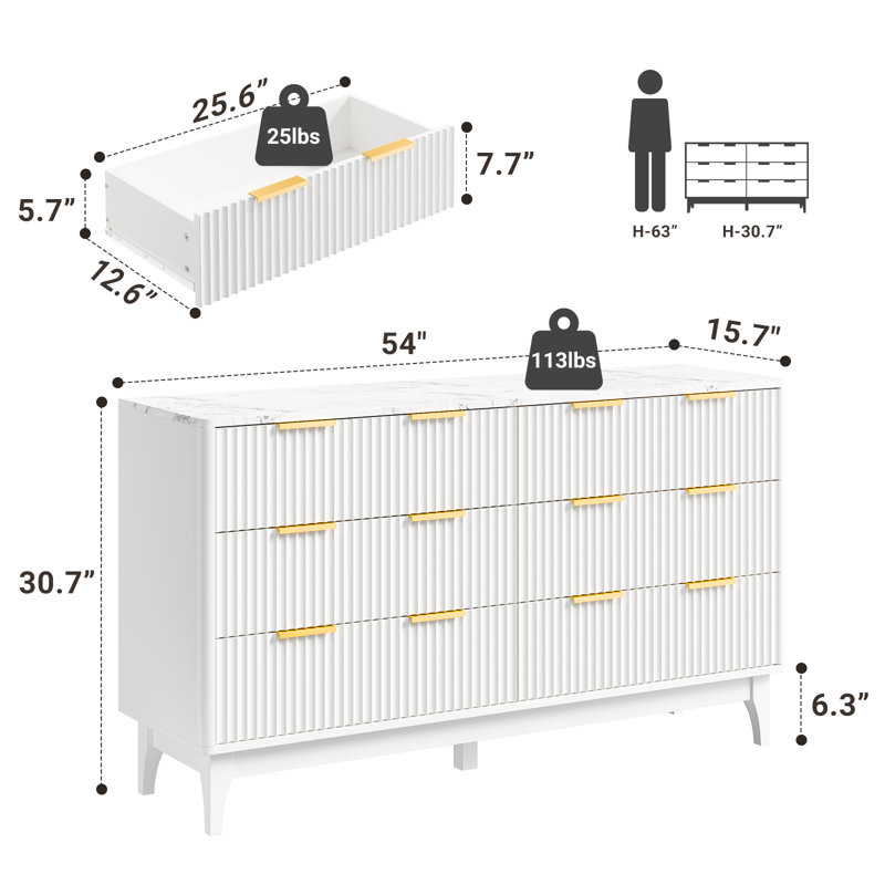 6 Drawer 54" W  Modern Fluted Dresser, White