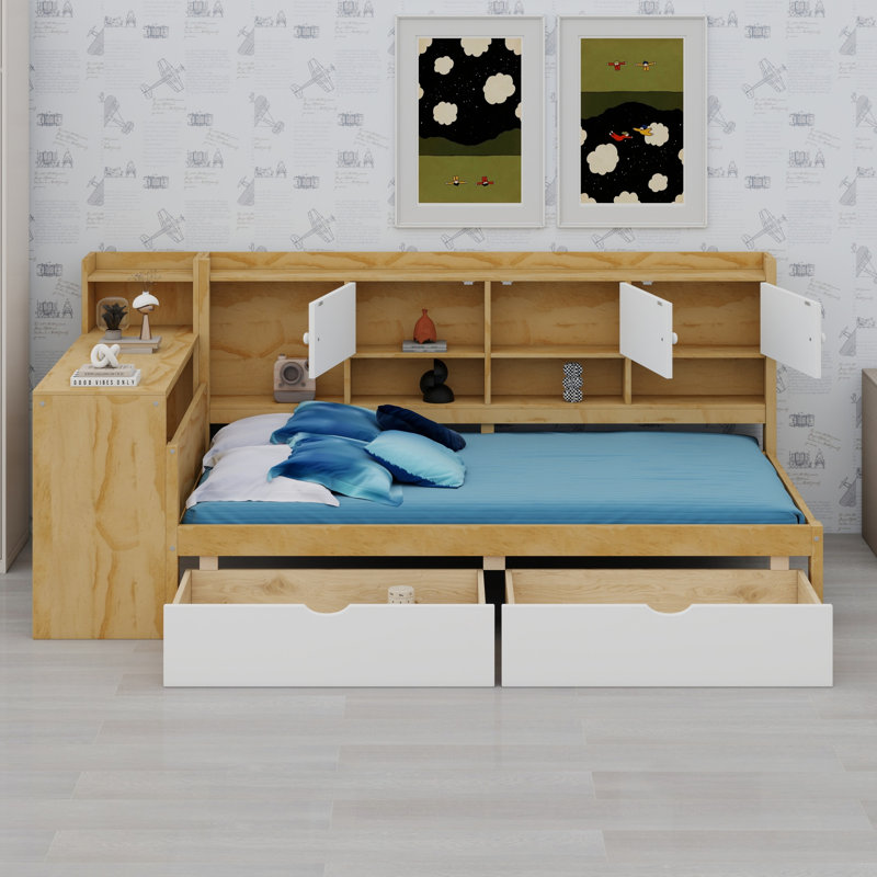 Space Saving L-Shape Daybed, Storage Cabinets, 2 Drawers, Desk and Integrated Bookshelf, Natural+White