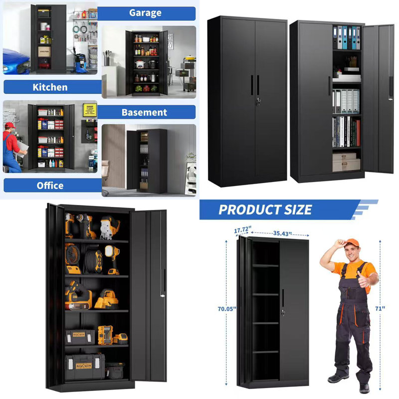 71"h Metal Garage Storage Cabinet, Black Tool Steel Locking Cabinet With Doors And 4 Shelves, Tall Cabinets For Garage Storage Systems Lockable File Cabinet For Home Office, Classroom/pantry,black