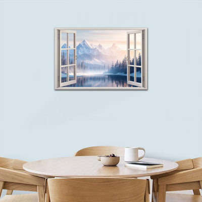 Hiver, fenêtre, toile, art mural, vue enneigée, montagnes, paysage, impressions sur toile, peinture pour salon, chambre à coucher, bureau, affiche murale, affiche décorative, 12 po x 16 po