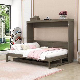 Wood Murphy Bed with Built-in Vanity Desk and 2 Drawers
