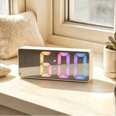 White Mirror RGB Colour‑Changing LED Alarm Clock, Sound‑Activated, 3 Alarms with Snooze, Time Date & Temperature Display, USB Powered, 12/24H, for Bedroom, Batteries Not Included