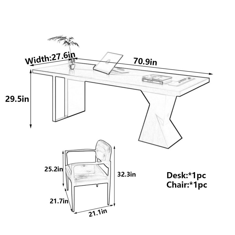 Italian Minimalist Solid Wood Desk, 29.5" H x 70.9" W x 27.6" D