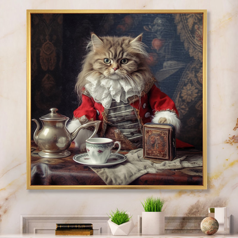 Chat blanc sibérien en costume élégant sur toile, H 16 po x l 16 po, Cadre flottant doré