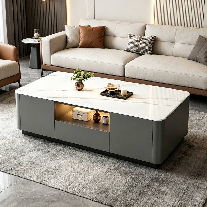 Table basse avec rangement Minimalist, H 14,56 po x L 51,18 po x l 23,62 po, Blanc / gris clair