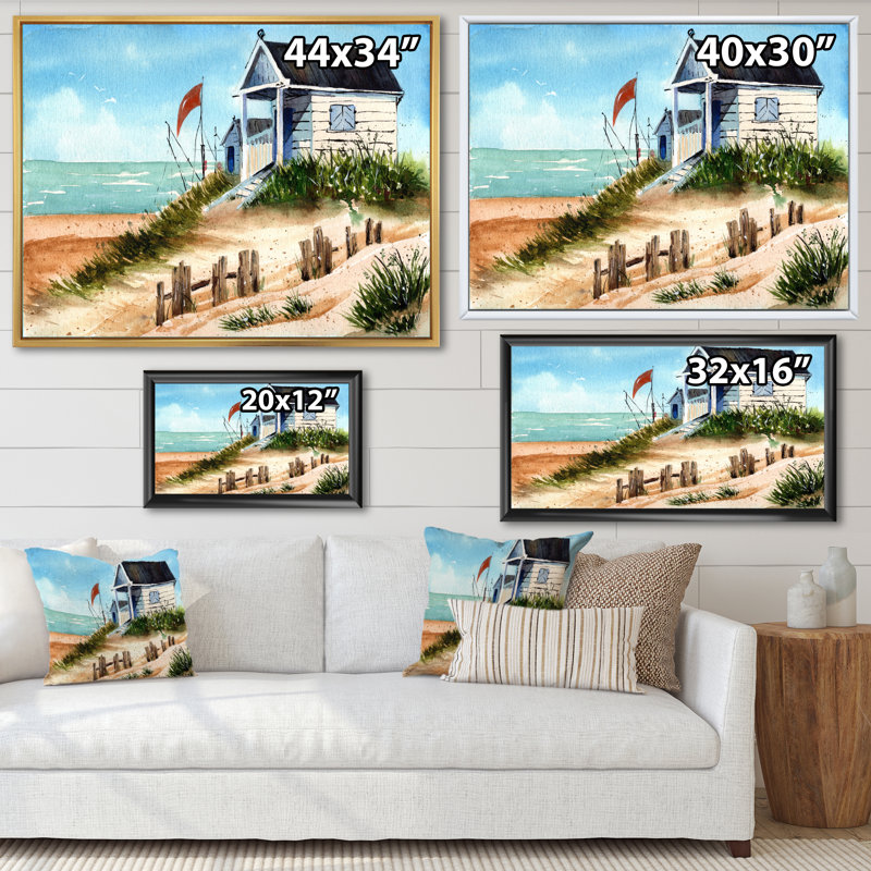 «Small Bungalow on the Shore with Old Fence», reproduction sur toile, H 24 po x l 32 po, Cadre flottant doré