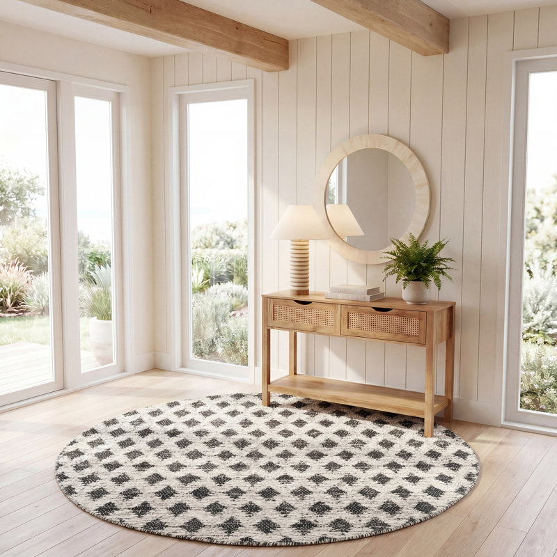 Tapis à motif géométrique en laine et en cuir noir / beige Jeananne, Rond 6 pi