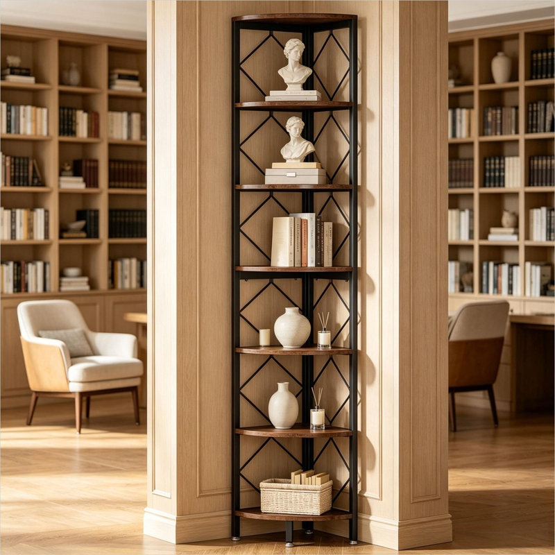 Black Bookcase, 78.7 in, featuring Storage with Steel, 12.1 Kg Product Weight, Particle Board 7-Tier Corner