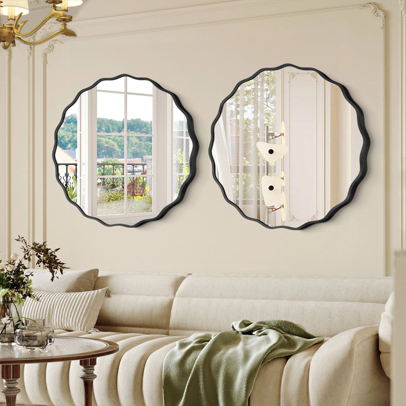 Miroir mural festonné en métal (ensemble de 2), 23,6 po x 23,6 po, Noir, noir, noir, noir