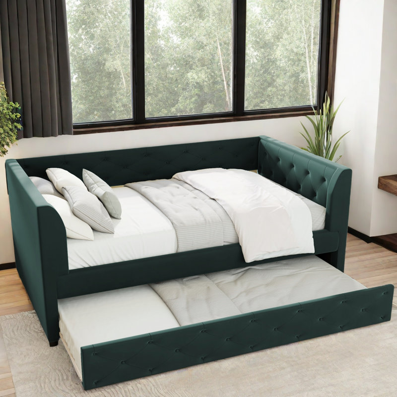 Ledley Upholstered Velvet Daybed with Trundle, Storage Pockets and Button Tufted Design, Green