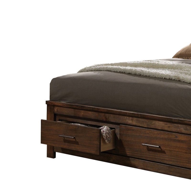 Grand lit en chêne offrant commodité de rangement - sommier tapissier, espace supplémentaire avec profil bas et tiroir Casegood, tablette intégrée dans la tête de lit