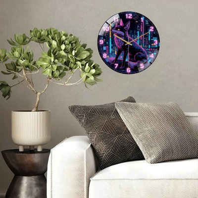 12-Inch Silent Tempered Glass Wall Clock, " Futuristic Fox Clock ” Silent Non-Ticking Clock, Battery Operated (AA Batteries Not Included), Artistic Home Decor