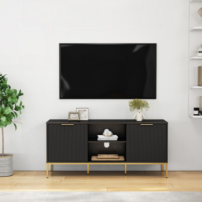Meuble télé moderne avec portes ondulées et pieds dorés en noir et or