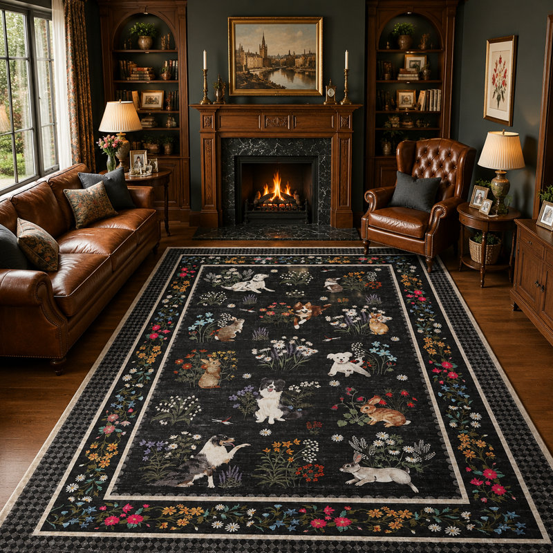 Tapis lavable à la machine Whimsical, Noir, 9 x 12 pi