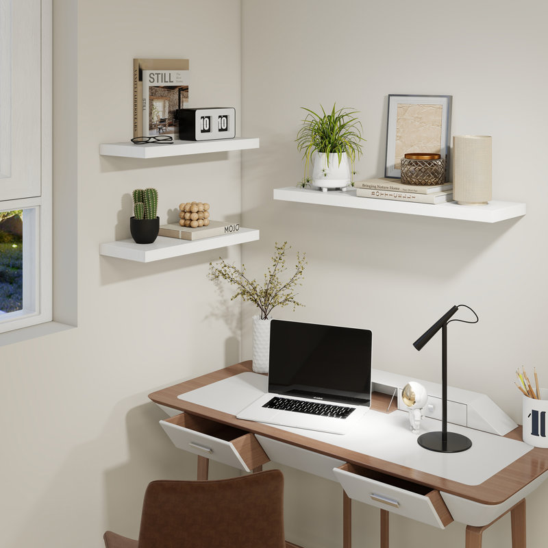 Étagère murale flottante 2 pièces, profondeur 9,3 po, fixation murale, Blanc, H 1,5 po x l 24 po x P 9,3 po
