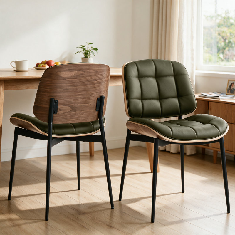 Chaises de salle à manger Mid-Century modernes avec dossier en grain de noyer, ensemble de 2 chaises de salle à manger en similicuir noir