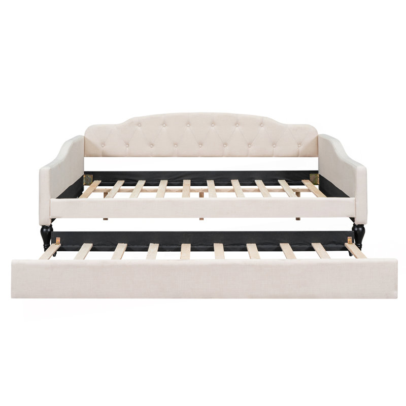 Full Size Upholstered Tufted Daybed With Two Drawers, Beige