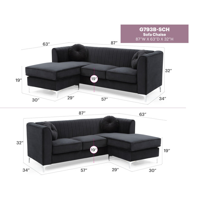 Canapé 3 pièces Modern Canapé Glory Furniture Delray, Noir