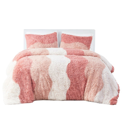 King/ King Faux Fur Comforter And Sham - Ombre Tonal Wave, Treated Elegant Size Bedding Look, Fabric, Covering