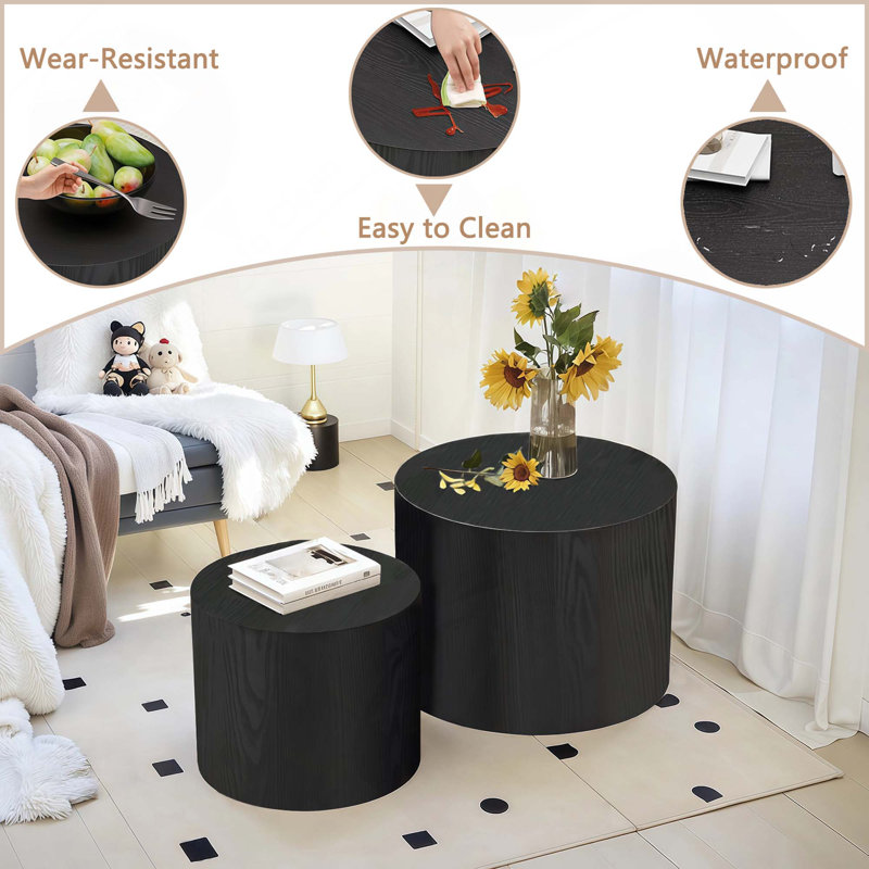 Ensemble de 2 tables basses rondes modernes avec pieds antidérapants pour salon, chambre à coucher, bureau, balcon, terrasse, petit espace, sans assemblage